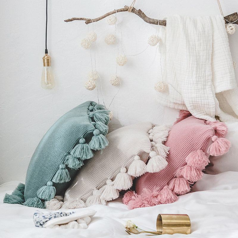 Bohemian Knitted Pompoms Fringe Pillowcase - Starhauz.com