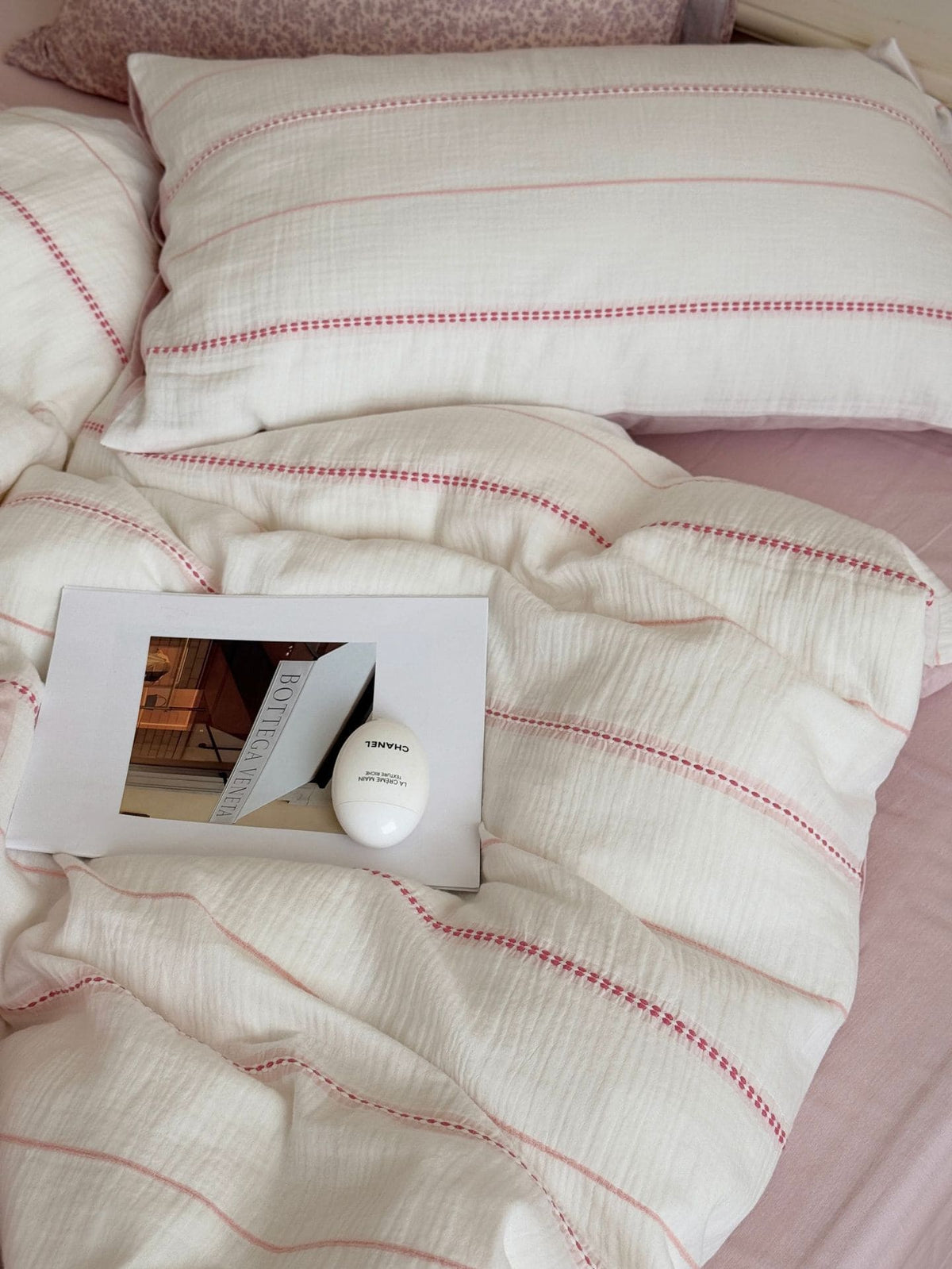 Minimal Pink Floral Stripe Bedding Set - Bedding