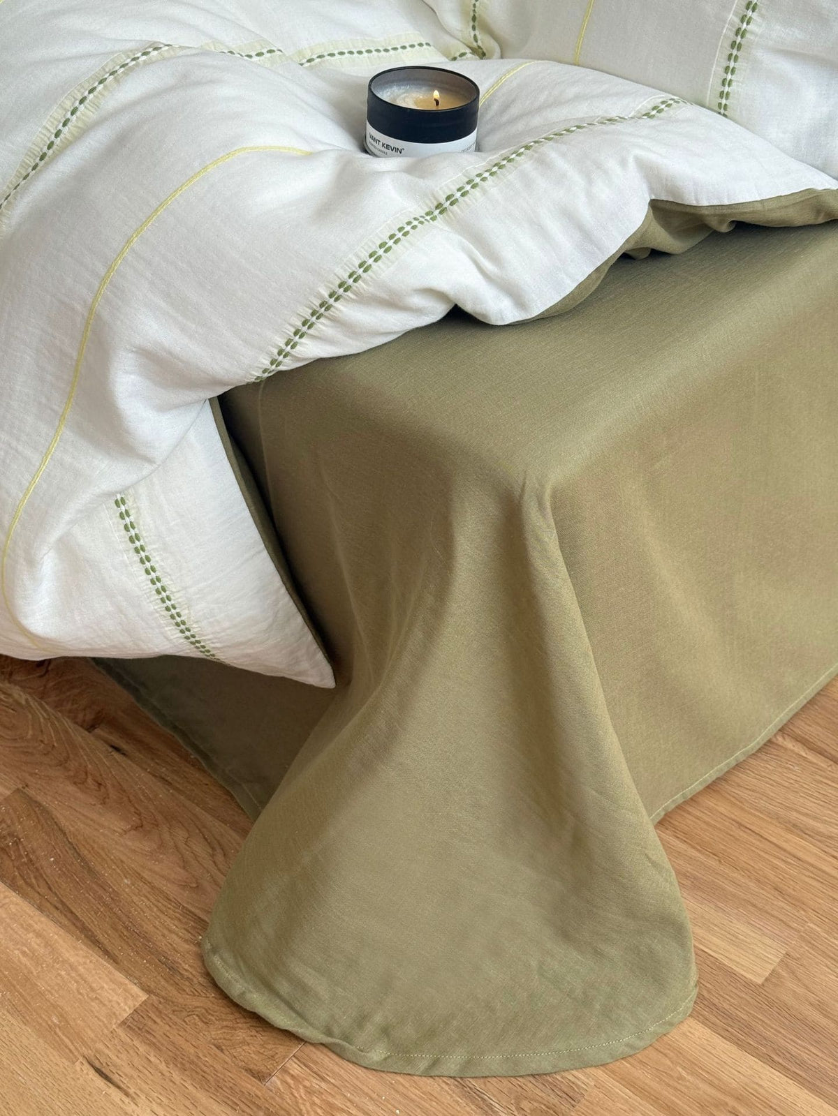 Olive green bedspread with white stripes duvet cover