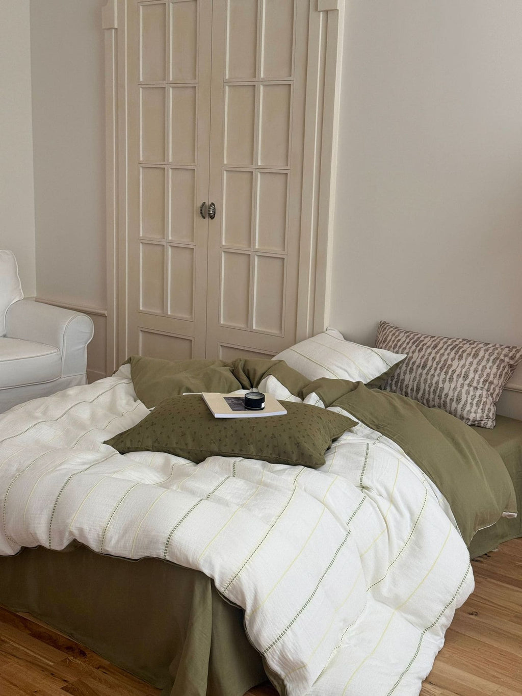Minimalist green bedroom with olive green stripes duvet comforter bedding set