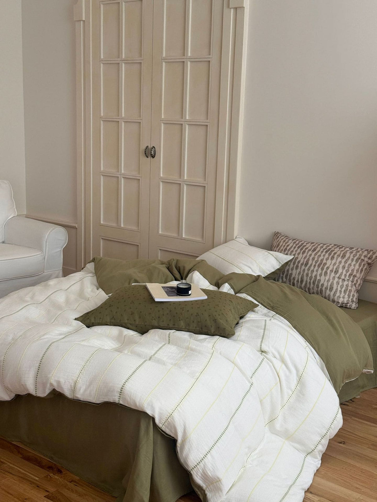 Minimalist green bedroom with olive green stripes duvet comforter bedding set