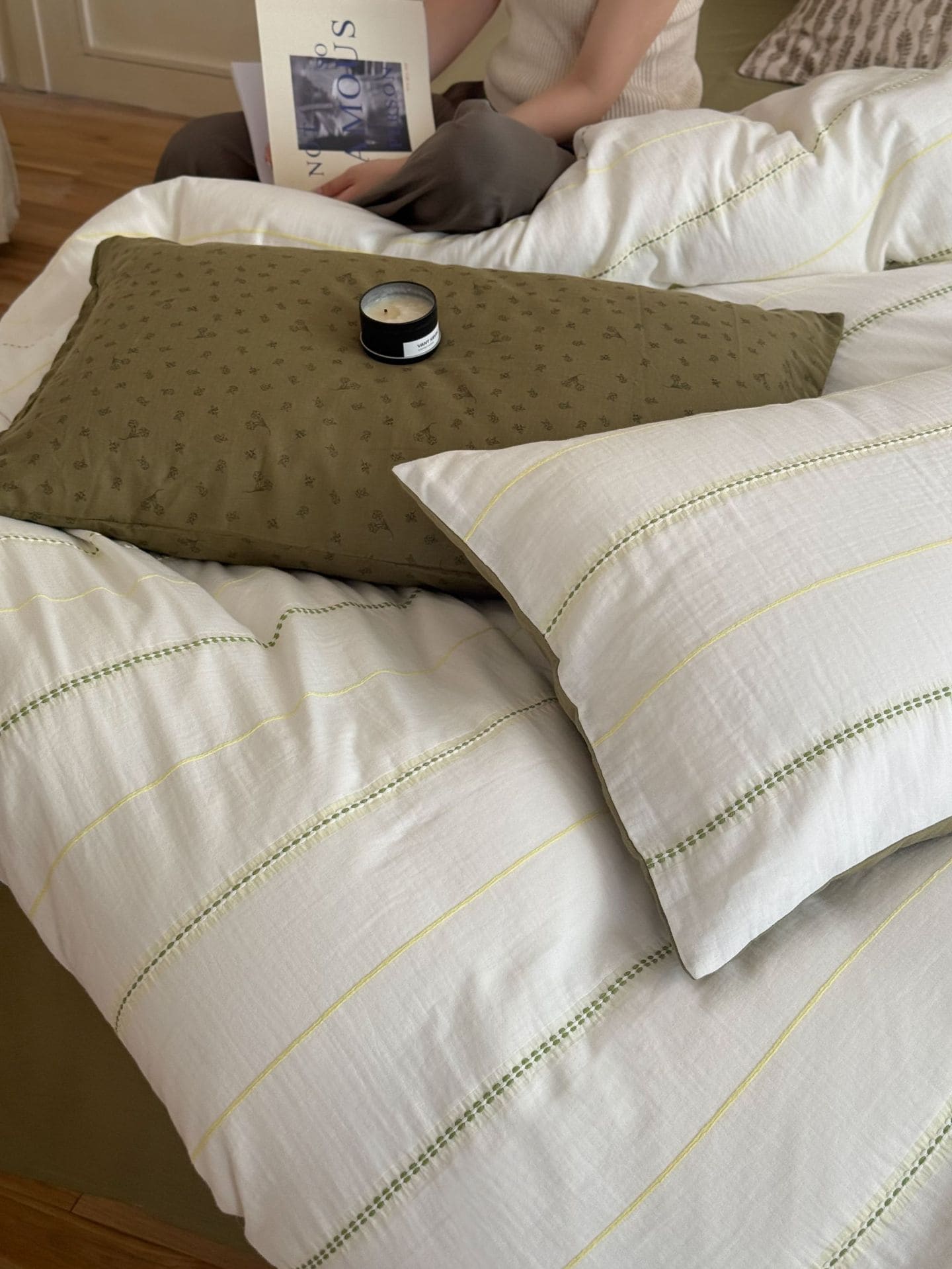 Scandinavian Stripes duvet cover with olive green floral print pillowcase
