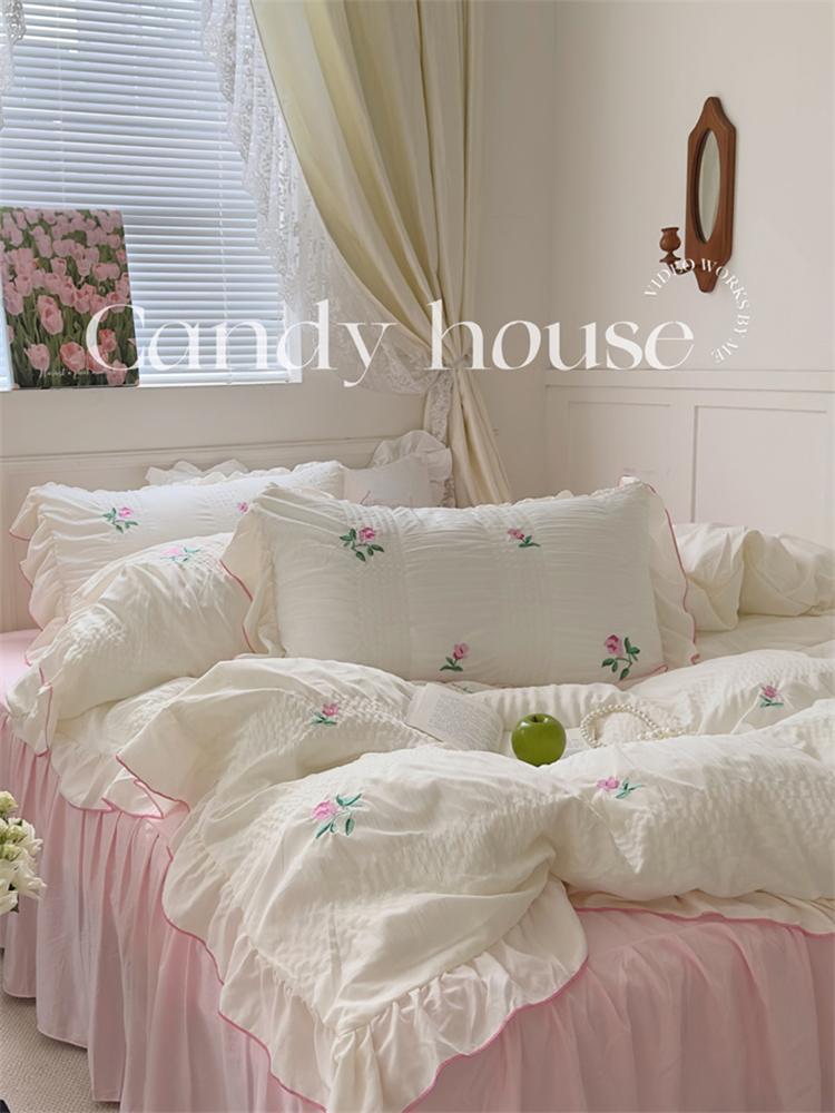 Pink Floral Ruffled Duvet Cover Set, Cotton Bedding Sets