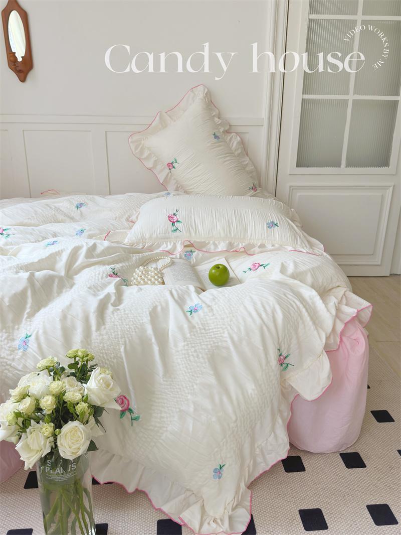 Pink Floral Duvet Cover Set Ruffle, French Bedding, Aesthetic