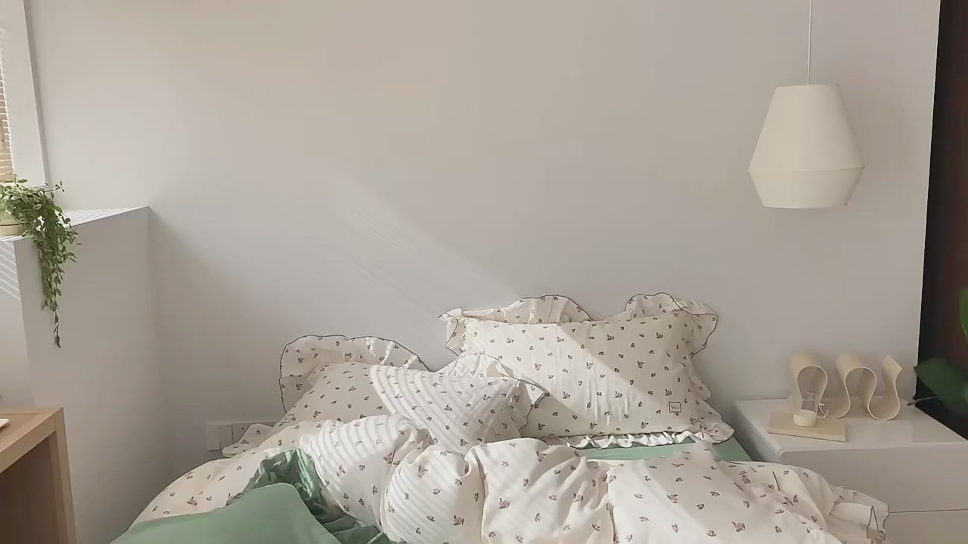 Sage Green Cute Peach Ruffled Bedsheet Set