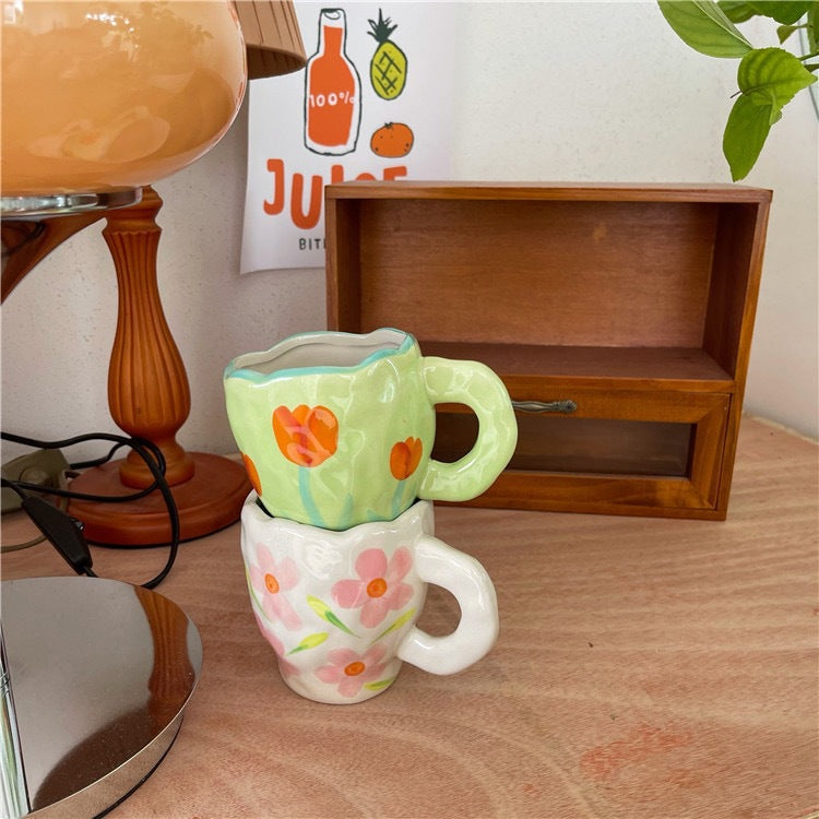 Retro Flowers Handpainted Mug - Kitchen