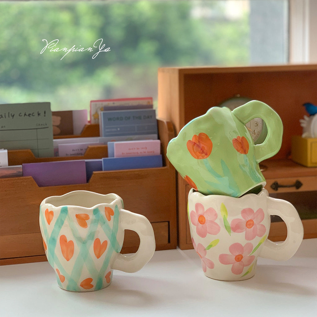 Retro Flowers Handpainted Mug - Kitchen