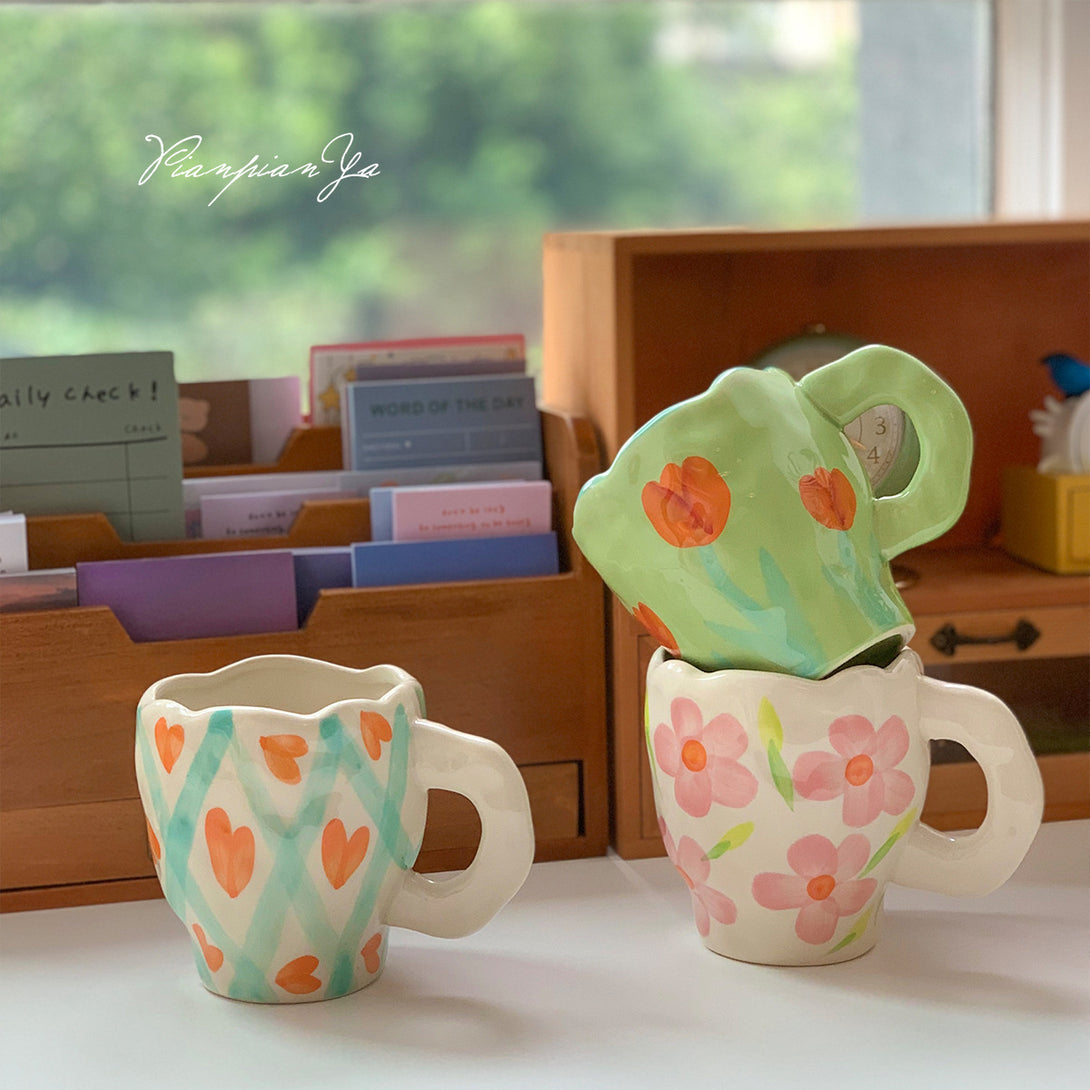 Retro Flowers Handpainted Mug - Kitchen