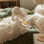 Sage Green Cute Peach Ruffled Bedsheet Set - Bedding
