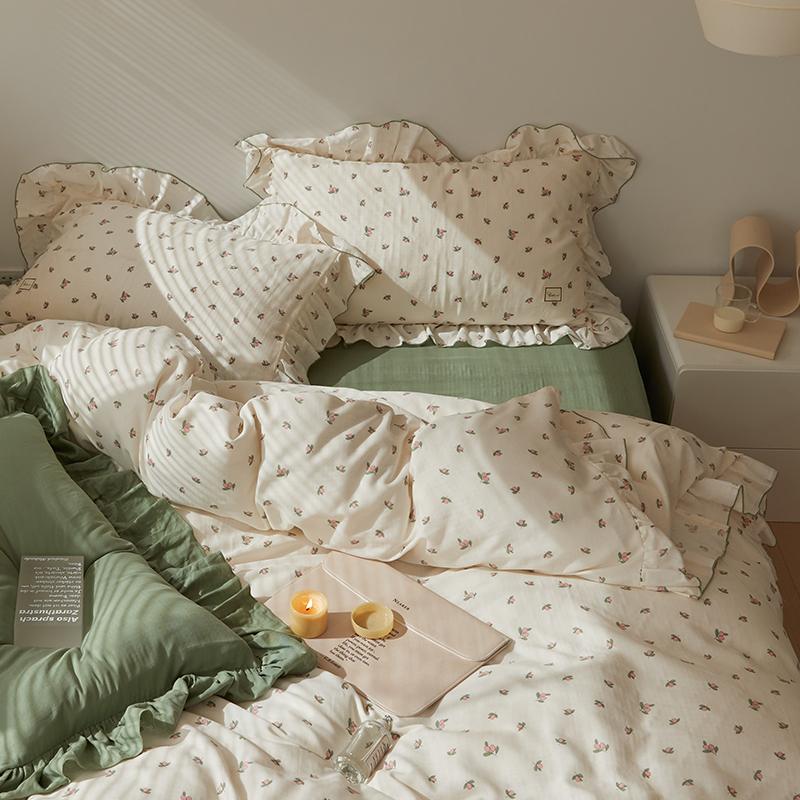 Sage Green Cute Peach Ruffled Bedsheet Set - Bedding