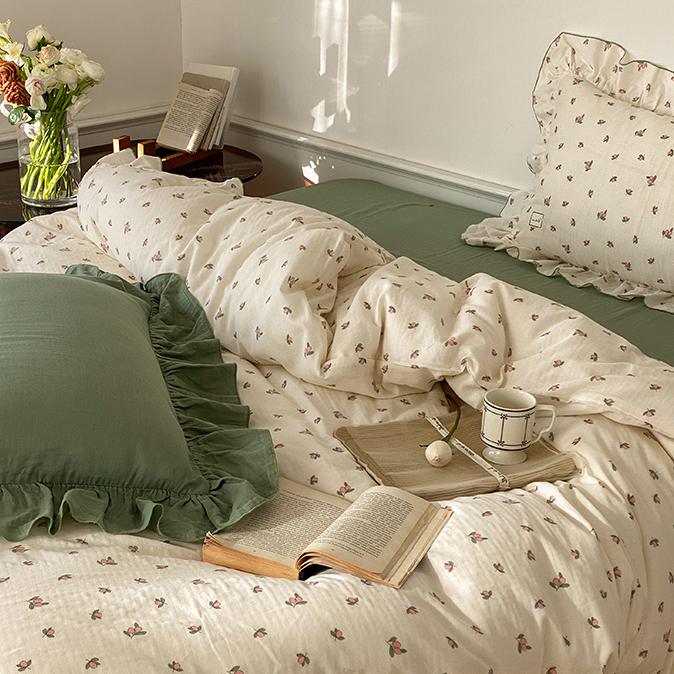 Sage Green Cute Peach Ruffled Bedsheet Set - Bedding