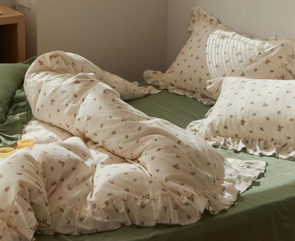 Sage Green Cute Peach Ruffled Bedsheet Set - Bedding