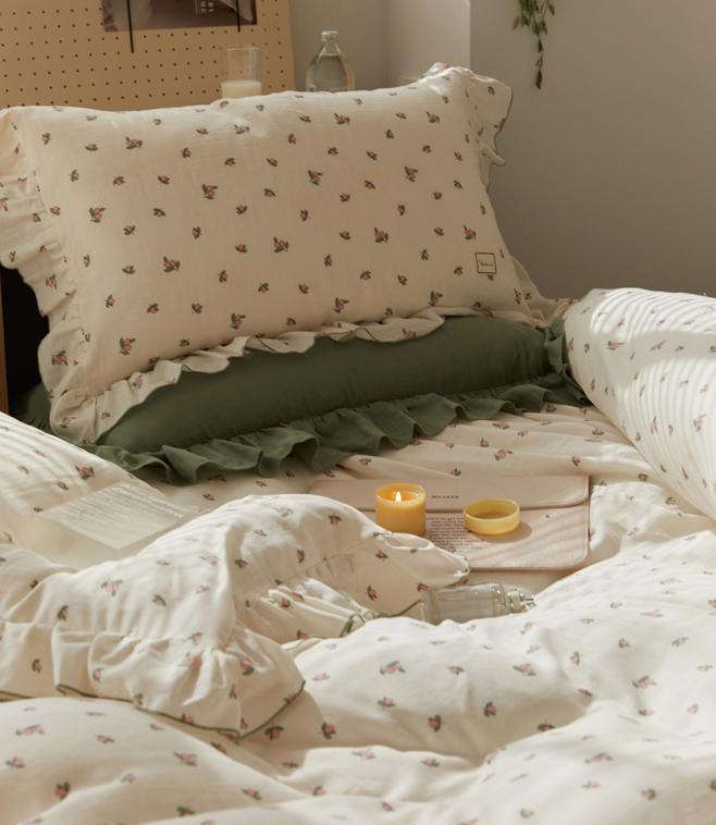 Sage Green Cute Peach Ruffled Bedsheet Set - Bedding