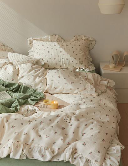 Sage Green Cute Peach Ruffled Bedsheet Set - Bedding