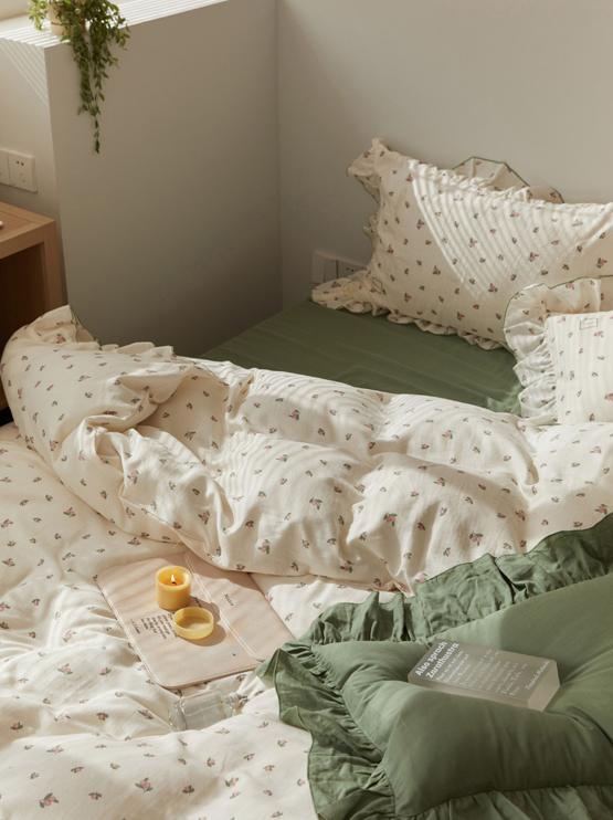 Sage Green Cute Peach Ruffled Bedsheet Set - Bedding