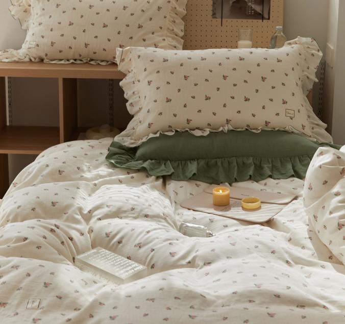 Sage Green Cute Peach Ruffled Bedsheet Set - Bedding