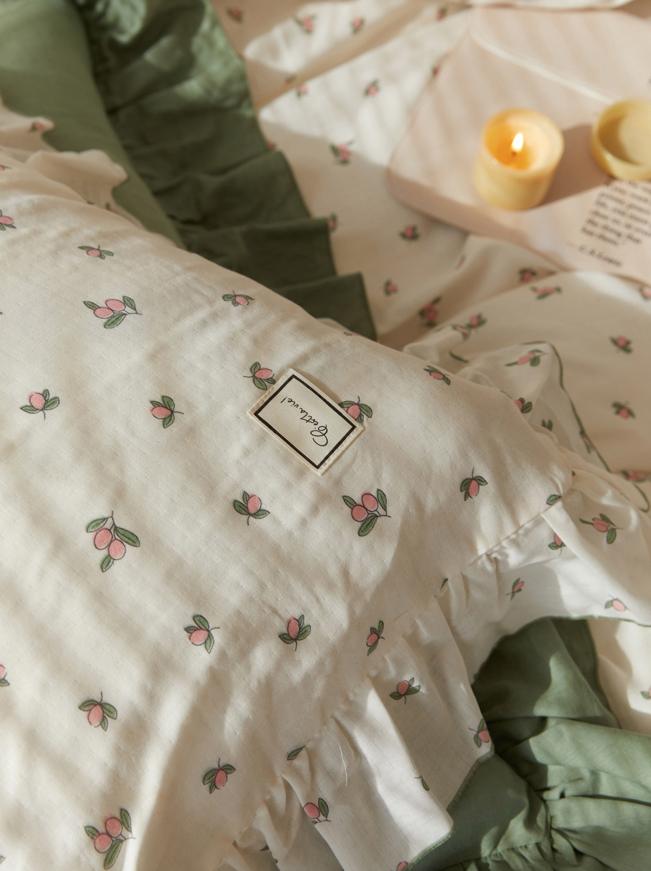 Sage Green Cute Peach Ruffled Bedsheet Set - Bedding