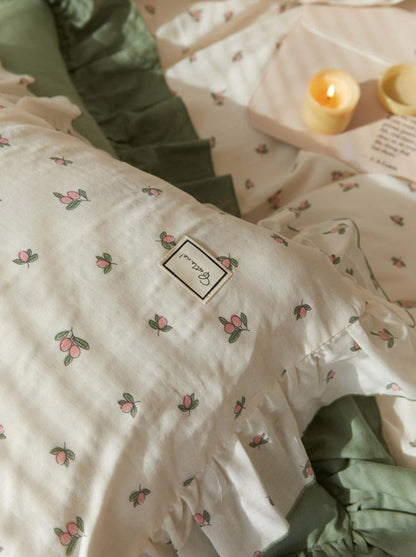 Sage Green Cute Peach Ruffled Bedsheet Set - Bedding