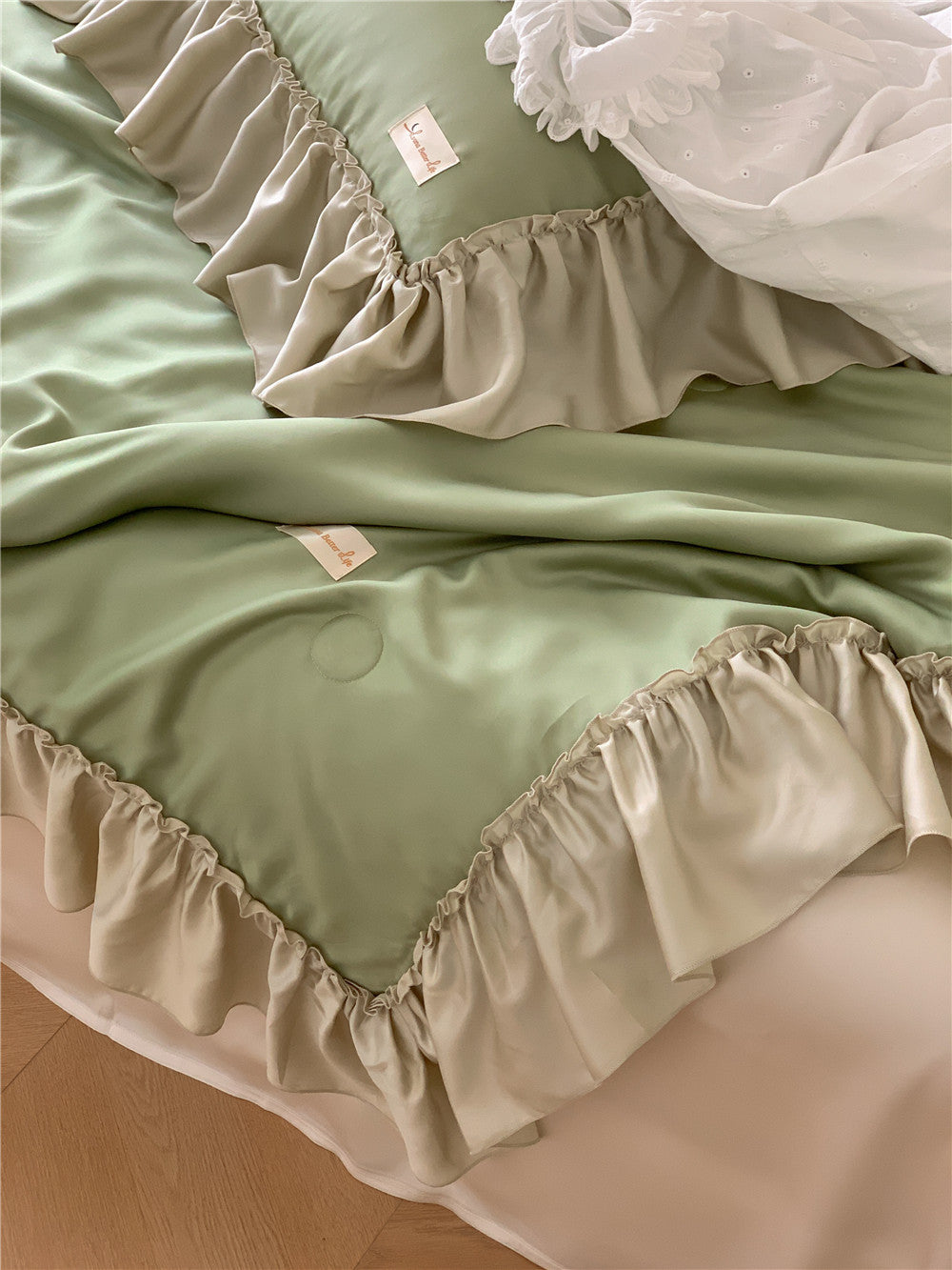 French Aesthetic Silky Satin Ruffle Bedding Set - Starhauz.com