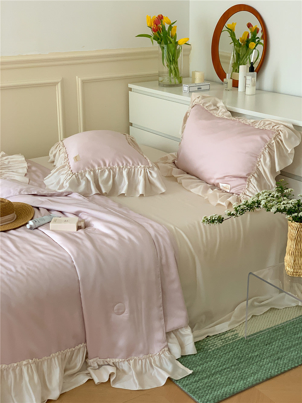 Move Over White Satin Ruffle Bedding Sets Solid Color Pattern Silk