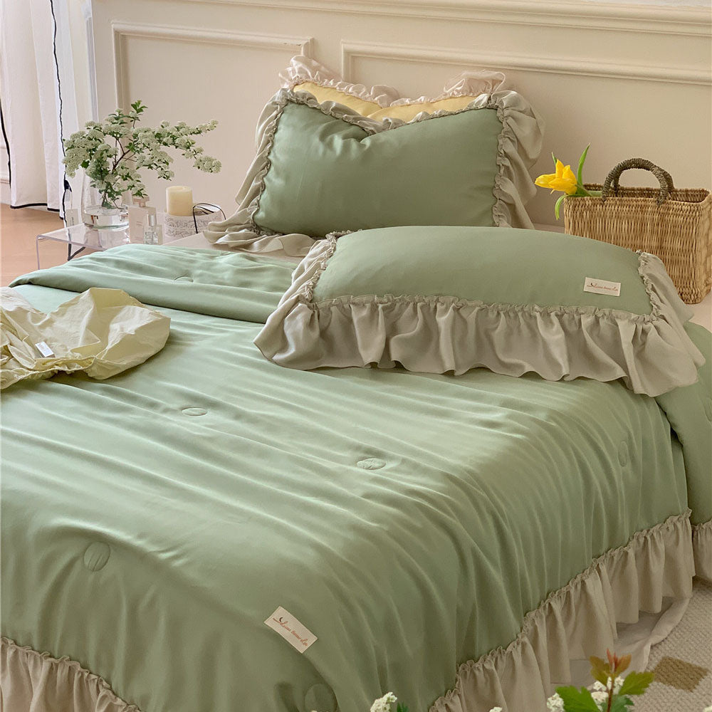 French Aesthetic Silky Satin Ruffle Bedding Set - Bedding